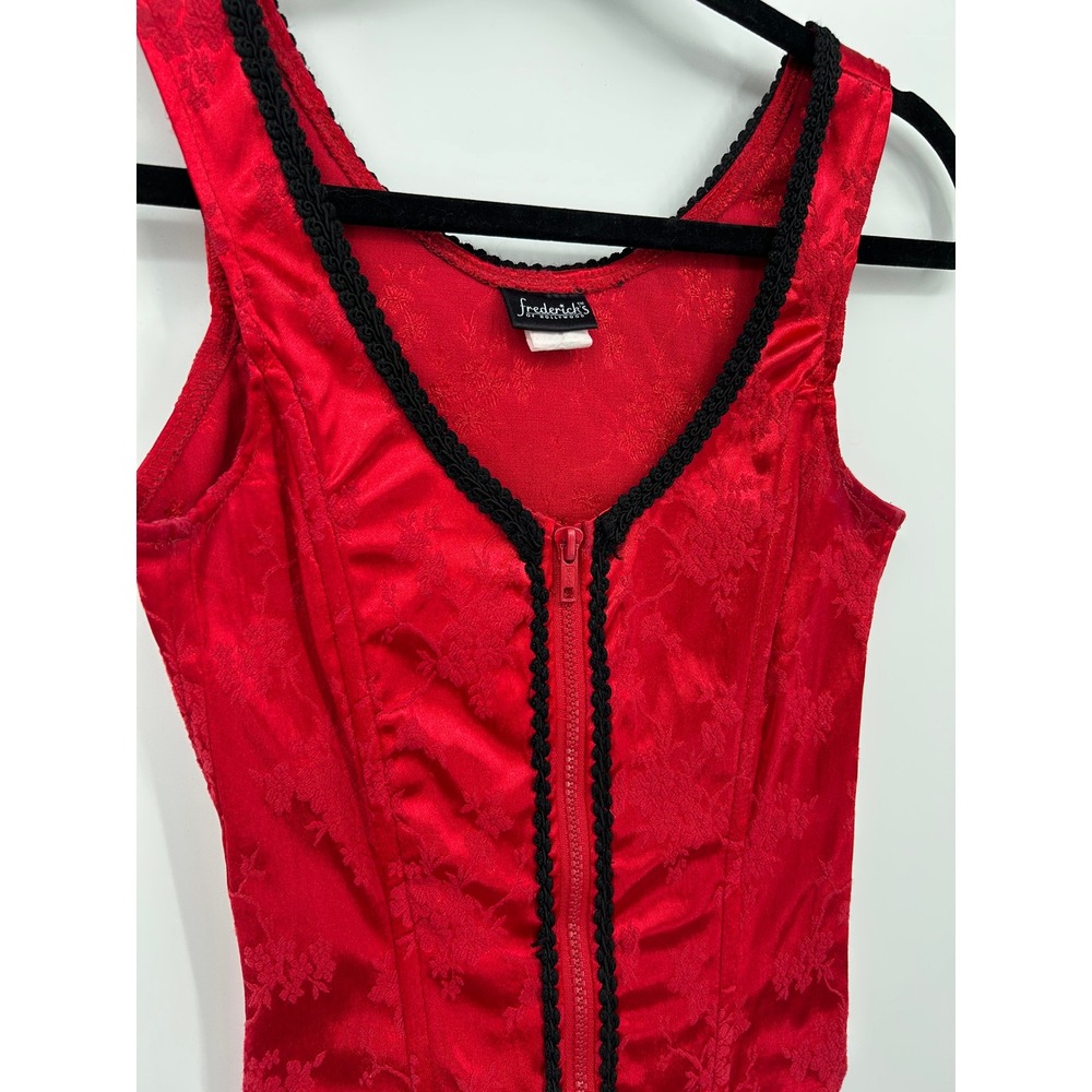 Vintage Fredericks of Hollywood Red Floral Jacquard Corset Zip Top XS
